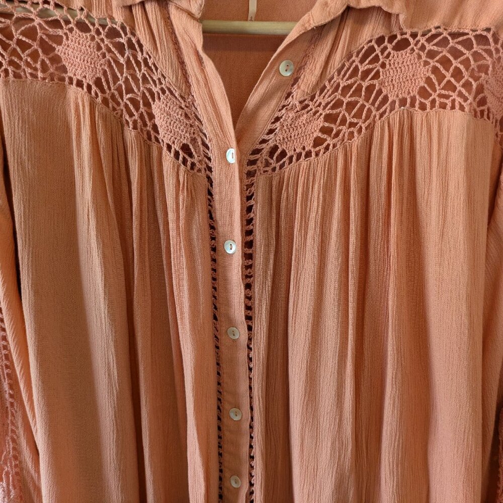 Free People "Katie Bird" Peach Pink Crochet Trim Button-Down Top - Picture 5 of 15